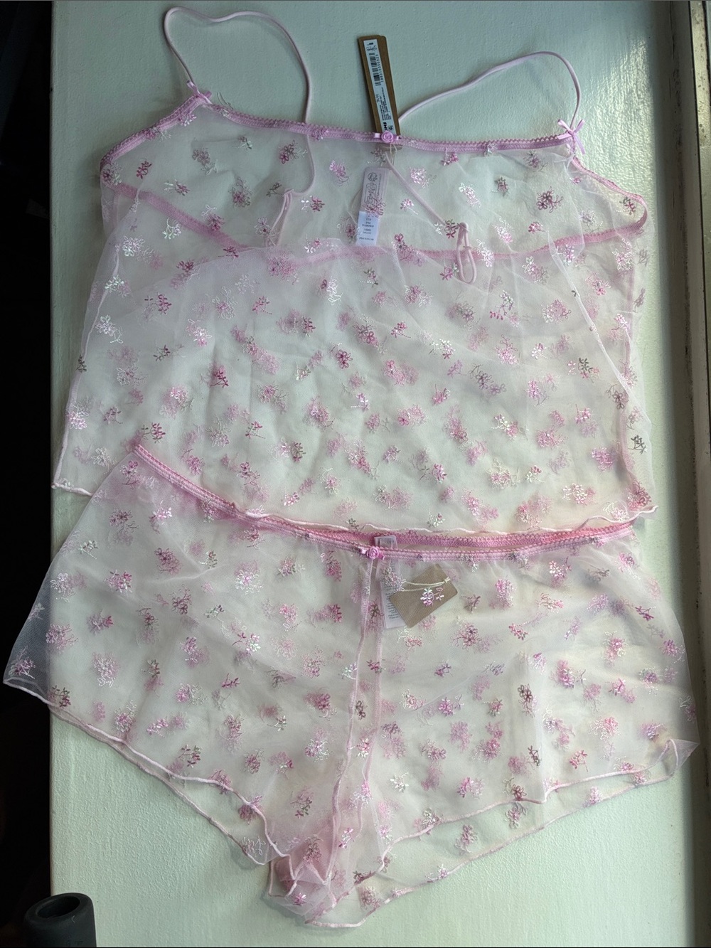 Skims Sheer Pink Floral Lace Chemise & Shorts Set - Women Intimates